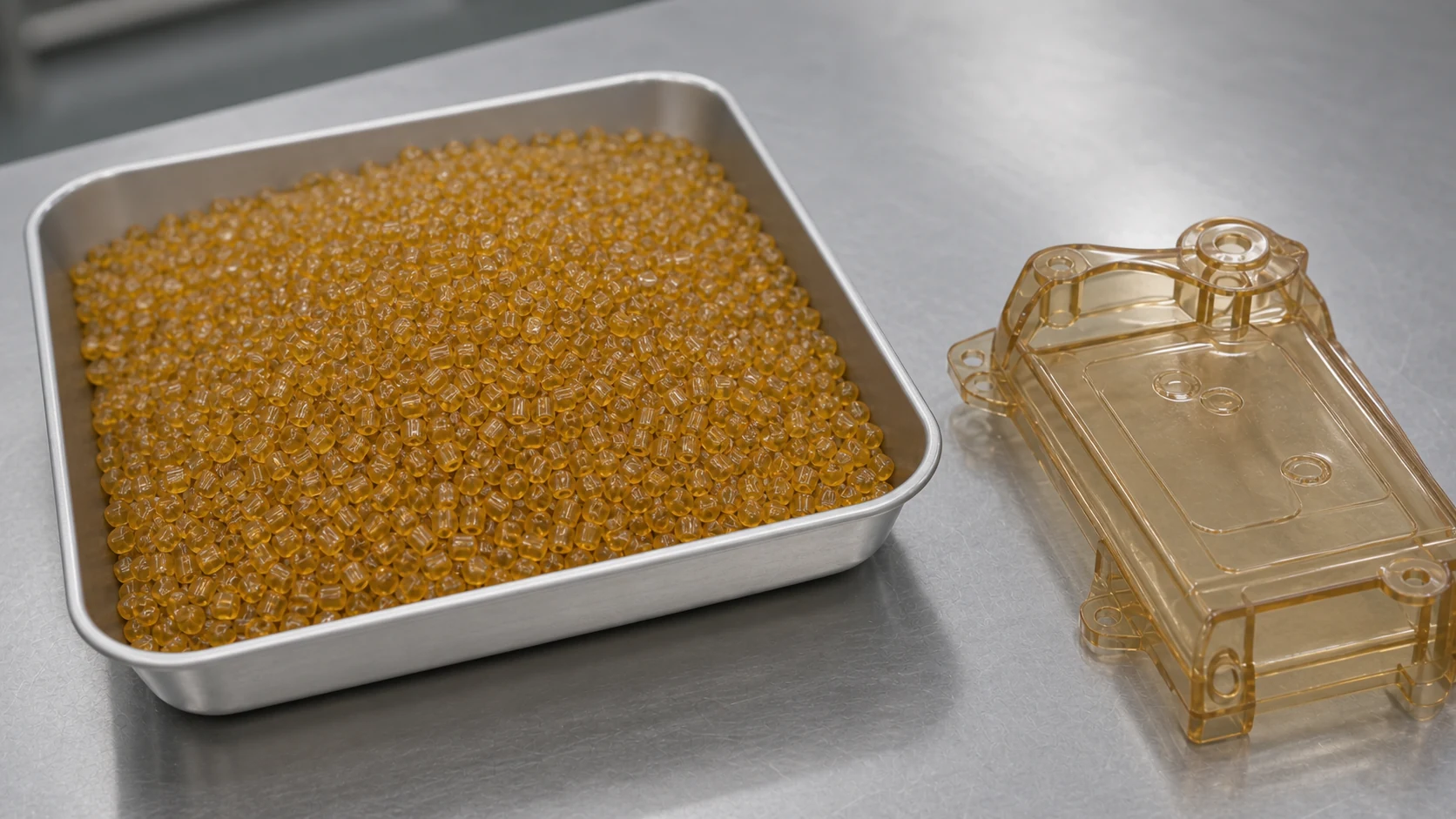 樹脂ペレットと透明なプラスチック成形品